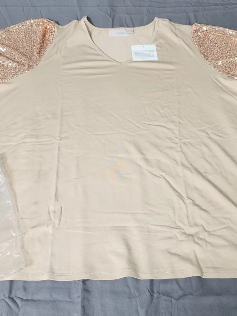 Belle by Kim Gravel 4X Plus Sequin Sleeve V-Neck Ribbed Knit Top Fawn Beige